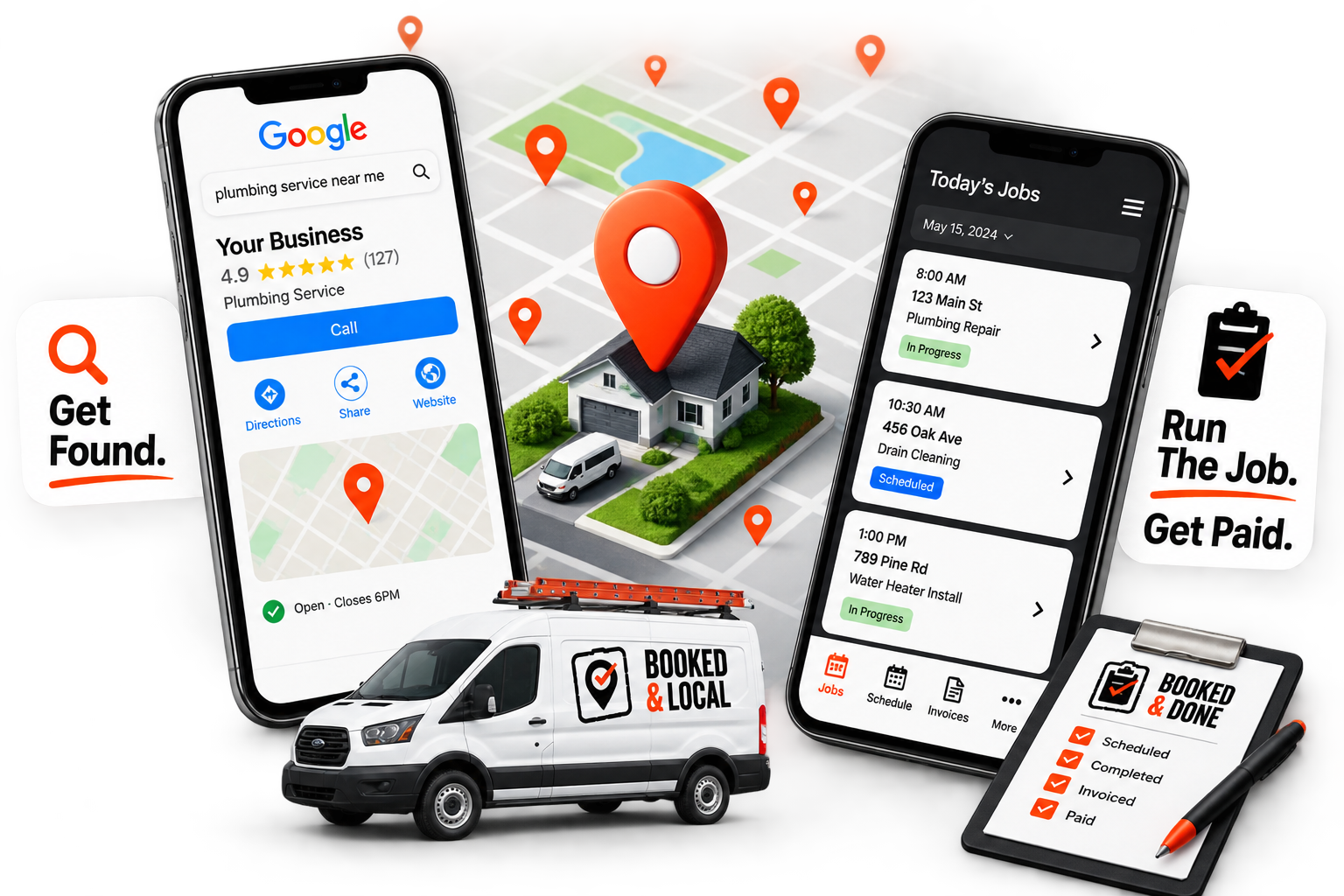 Booked & Local getting the business found on Google next to Booked & Done running today's jobs, invoices, and payments